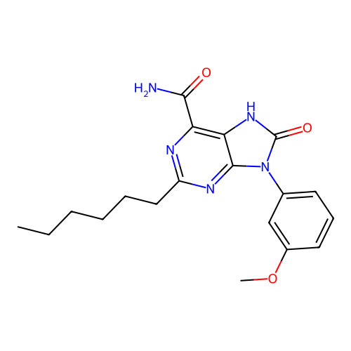 2-hexyl-9-(3-methoxyphenyl)-8-oxo-8,9-dihydro-7H-purine-6-carboxamide structure