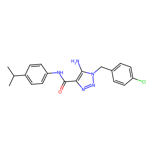 5-amino-1-[(4-chlorophenyl)methyl]-N-(4-propan-2-ylphenyl)triazole-4-carboxamide structure