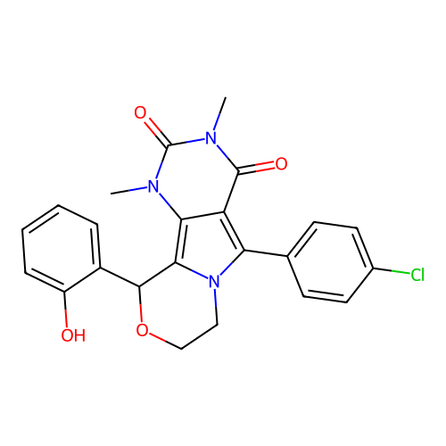 5-(4-chlorophenyl)-10-(2-hydroxyphenyl)-1,3-dimethyl-1,7,8,10-tetrahydro-2H-pyrimido[4',5':3,4]pyrrolo[2,1-c][1,4]oxazine-2,4(3H)-dione structure