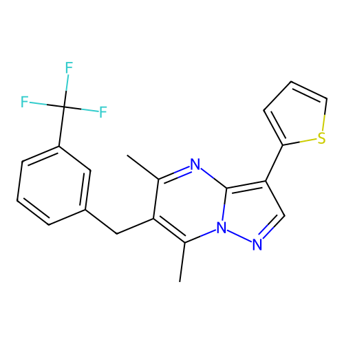 5,7-dimethyl-3-(thiophen-2-yl)-6-{[3-(trifluoromethyl)phenyl]methyl}pyrazolo[1,5-a]pyrimidine structure