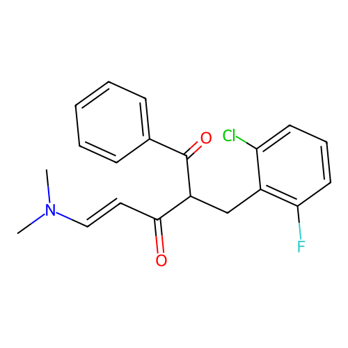 (E)-2-(2-chloro-6-fluorobenzyl)-5-(dimethylamino)-1-phenyl-4-pentene-1,3-dione structure