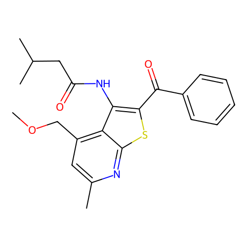 N-[2-benzoyl-4-(methoxymethyl)-6-methylthieno[2,3-b]pyridin-3-yl]-3-methylbutanamide structure