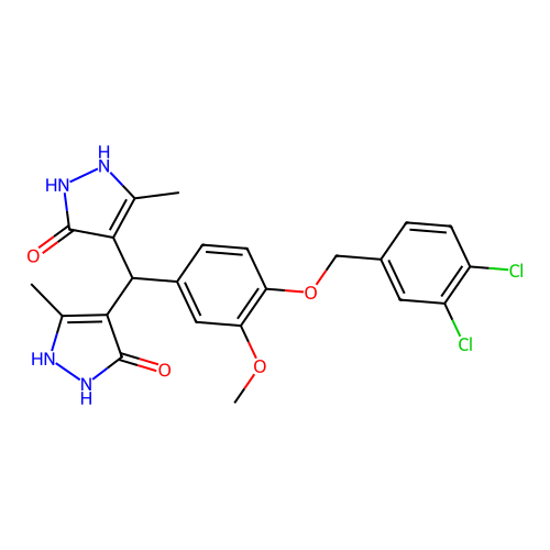 4,4'-({4-[(3,4-dichlorobenzyl)oxy]-3-methoxyphenyl}methanediyl)bis(3-methyl-1H-pyrazol-5-ol) structure