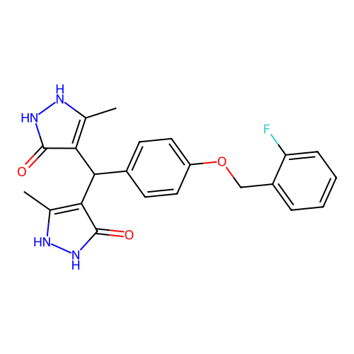 4,4'-({4-[(2-fluorobenzyl)oxy]phenyl}methanediyl)bis(3-methyl-1H-pyrazol-5-ol) structure