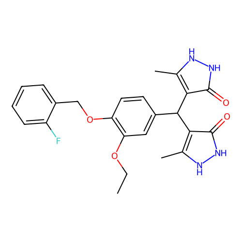 4,4'-({3-ethoxy-4-[(2-fluorobenzyl)oxy]phenyl}methanediyl)bis(3-methyl-1H-pyrazol-5-ol) structure