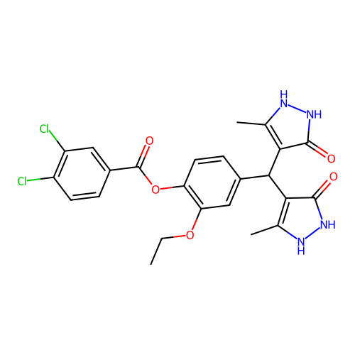 4-[bis(5-hydroxy-3-methyl-1H-pyrazol-4-yl)methyl]-2-ethoxyphenyl 3,4-dichlorobenzoate structure