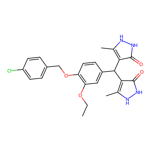 4,4'-({4-[(4-chlorobenzyl)oxy]-3-ethoxyphenyl}methanediyl)bis(3-methyl-1H-pyrazol-5-ol) structure