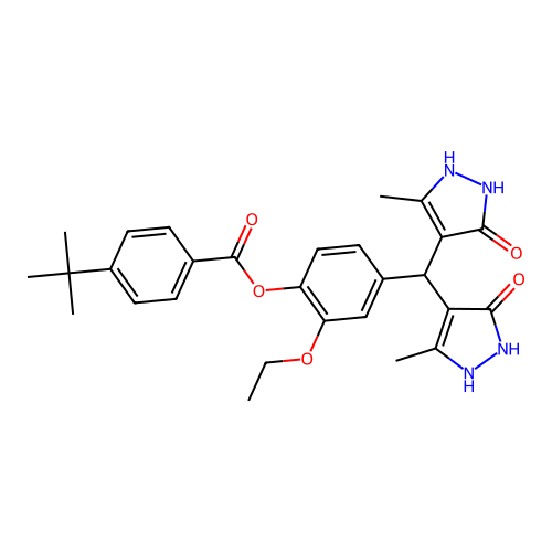 4-[bis(5-hydroxy-3-methyl-1H-pyrazol-4-yl)methyl]-2-ethoxyphenyl 4-tert-butylbenzoate structure