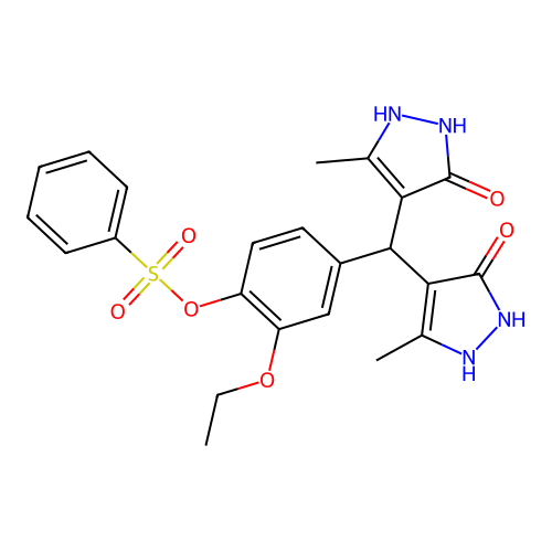 [4-[bis(3-methyl-5-oxo-1,2-dihydropyrazol-4-yl)methyl]-2-ethoxyphenyl] benzenesulfonate structure