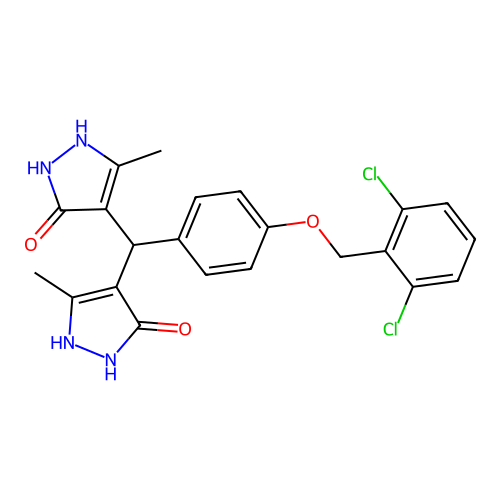 4,4'-({4-[(2,6-dichlorobenzyl)oxy]phenyl}methanediyl)bis(3-methyl-1H-pyrazol-5-ol) structure