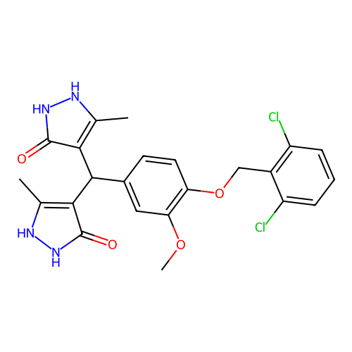 4,4'-((4-((2,6-dichlorobenzyl)oxy)-3-methoxyphenyl)methylene)bis(3-methyl-1H-pyrazol-5-ol) structure