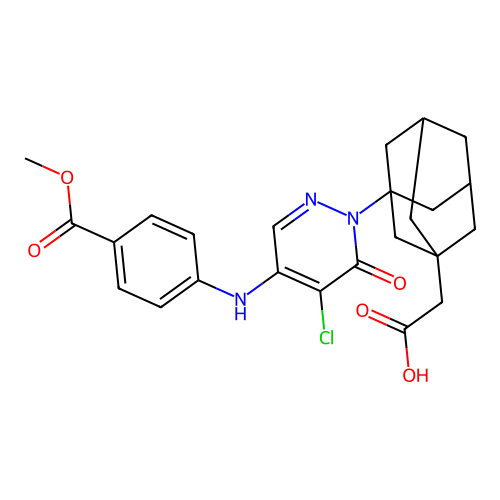 {3-[5-chloro-4-{[4-(methoxycarbonyl)phenyl]amino}-6-oxopyridazin-1(6H)-yl]tricyclo[3.3.1.1~3,7~]dec-1-yl}acetic acid structure