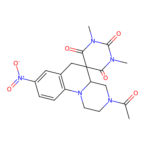 3'-acetyl-1,3-dimethyl-8'-nitrospiro[1,3-diazinane-5,5'-2,4,4a,6-tetrahydro-1H-pyrazino[1,2-a]quinoline]-2,4,6-trione structure