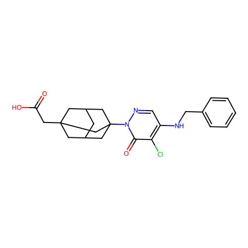 {3-[4-(benzylamino)-5-chloro-6-oxopyridazin-1(6H)-yl]tricyclo[3.3.1.1~3,7~]dec-1-yl}acetic acid structure