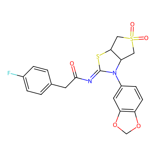 N-[(2Z)-3-(1,3-benzodioxol-5-yl)-5,5-dioxidotetrahydrothieno[3,4-d][1,3]thiazol-2(3H)-ylidene]-2-(4-fluorophenyl)acetamide structure
