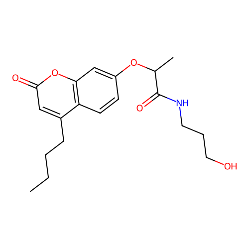 2-[(4-butyl-2-oxo-2H-chromen-7-yl)oxy]-N-(3-hydroxypropyl)propanamide structure
