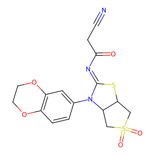 (Z)-2-cyano-N-(3-(2,3-dihydrobenzo[b][1,4]dioxin-6-yl)-5,5-dioxidotetrahydrothieno[3,4-d]thiazol-2(3H)-ylidene)acetamide structure