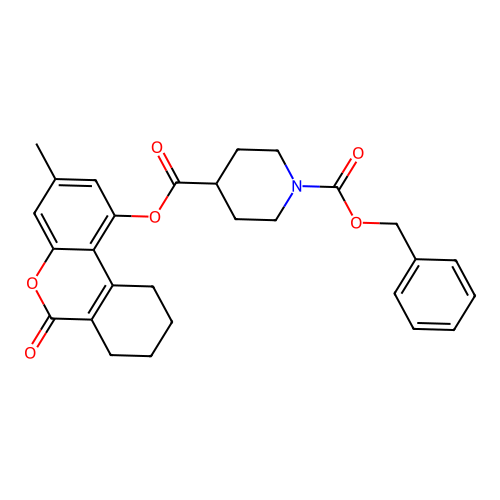 1-benzyl 4-(3-methyl-6-oxo-7,8,9,10-tetrahydro-6H-benzo[c]chromen-1-yl) piperidine-1,4-dicarboxylate structure