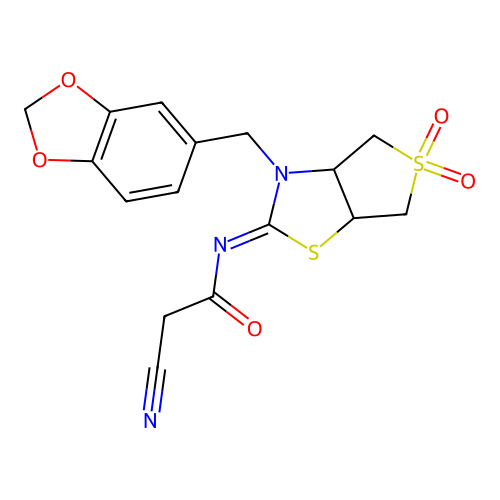 (E)-N-(3-(benzo[d][1,3]dioxol-5-ylmethyl)-5,5-dioxidotetrahydrothieno[3,4-d]thiazol-2(3H)-ylidene)-2-cyanoacetamide structure