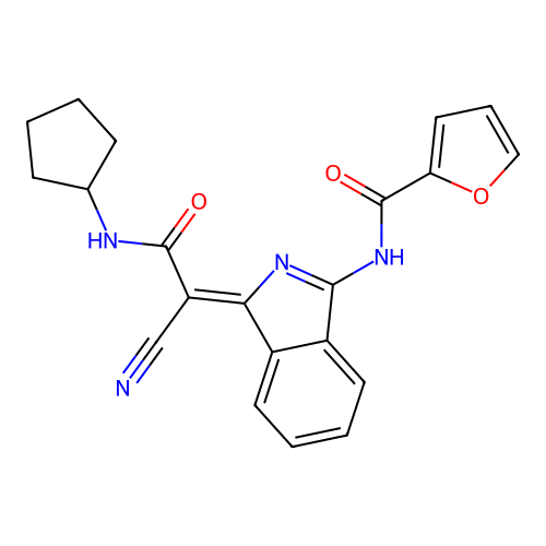 N-[(3Z)-3-[1-cyano-2-(cyclopentylamino)-2-oxoethylidene]isoindol-1-yl]furan-2-carboxamide structure