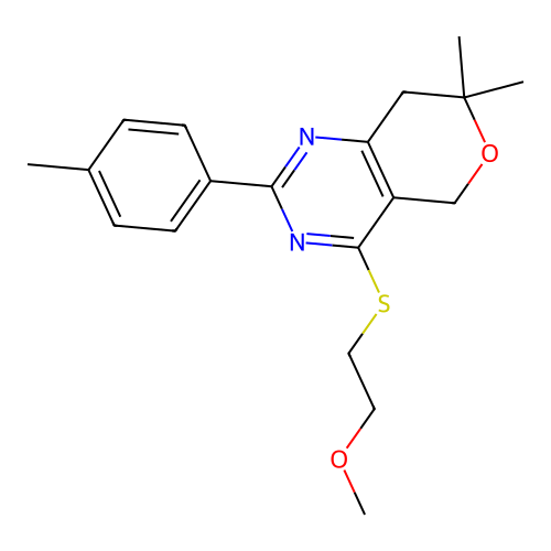 4-(2-methoxyethylsulfanyl)-7,7-dimethyl-2-(4-methylphenyl)-5,8-dihydropyrano[4,3-d]pyrimidine structure
