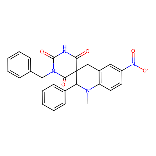 1-benzyl-1'-methyl-6'-nitro-2'-phenyl-2',4'-dihydro-1H,1'H-spiro[pyrimidine-5,3'-quinoline]-2,4,6(3H)-trione structure