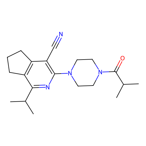 3-(4-isobutyrylpiperazin-1-yl)-1-isopropyl-6,7-dihydro-5H-cyclopenta[c]pyridine-4-carbonitrile structure