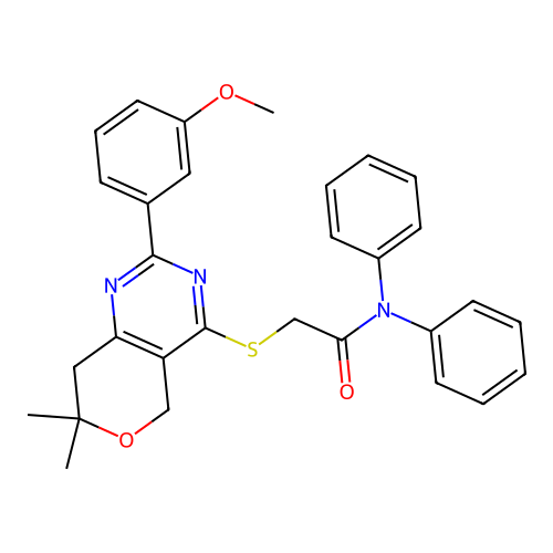 2-((2-(3-methoxyphenyl)-7,7-dimethyl-7,8-dihydro-5H-pyrano[4,3-d]pyrimidin-4-yl)thio)-N,N-diphenylacetamide structure