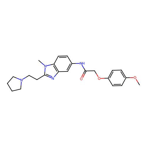 2-(4-methoxyphenoxy)-N-[1-methyl-2-(2-pyrrolidin-1-ylethyl)benzimidazol-5-yl]acetamide structure