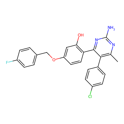 2-(2-amino-5-(4-chlorophenyl)-6-methylpyrimidin-4-yl)-5-((4-fluorobenzyl)oxy)phenol structure