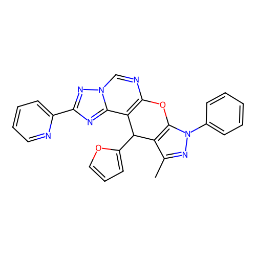 11-(furan-2-yl)-10-methyl-8-phenyl-2-(pyridin-2-yl)-8,11-dihydropyrazolo[4',3':5,6]pyrano[3,2-e][1,2,4]triazolo[1,5-c]pyrimidine structure