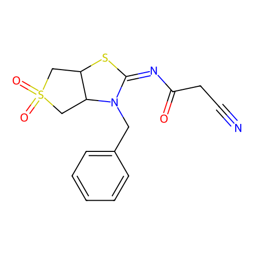 (Z)-N-(3-benzyl-5,5-dioxidotetrahydrothieno[3,4-d]thiazol-2(3H)-ylidene)-2-cyanoacetamide structure