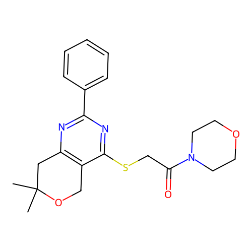 2-[(7,7-dimethyl-2-phenyl-7,8-dihydro-5H-pyrano[4,3-d]pyrimidin-4-yl)sulfanyl]-1-(morpholin-4-yl)ethanone structure