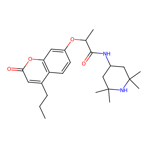 2-((2-oxo-4-propyl-2H-chromen-7-yl)oxy)-N-(2,2,6,6-tetramethylpiperidin-4-yl)propanamide structure