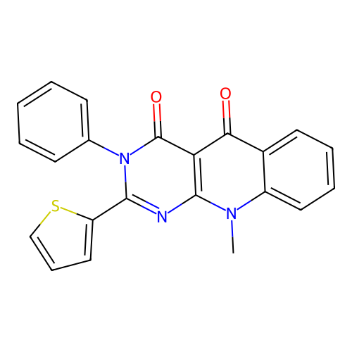 10-methyl-3-phenyl-2-(thiophen-2-yl)pyrimido[4,5-b]quinoline-4,5(3H,10H)-dione structure