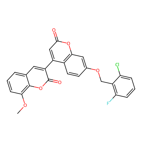 7'-[(2-chloro-6-fluorobenzyl)oxy]-8-methoxy-2H,2'H-3,4'-bichromene-2,2'-dione structure