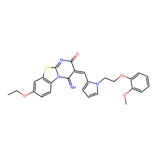 (E)-8-ethoxy-4-imino-3-((1-(2-(2-methoxyphenoxy)ethyl)-1H-pyrrol-2-yl)methylene)-3,4-dihydro-2H-benzo[4,5]thiazolo[3,2-a]pyrimidin-2-one structure