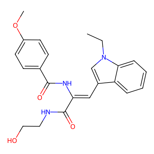 N-[2-(1-ethylindol-3-yl)-1-(2-hydroxyethylcarbamoyl)ethenyl]-4-methoxy-benzamide structure