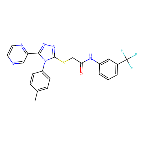 2-{[4-(4-methylphenyl)-5-(pyrazin-2-yl)-4H-1,2,4-triazol-3-yl]sulfanyl}-N-[3-(trifluoromethyl)phenyl]acetamide structure