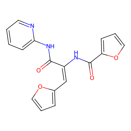 (E)-N-(1-(furan-2-yl)-3-oxo-3-(pyridin-2-ylamino)prop-1-en-2-yl)furan-2-carboxamide structure