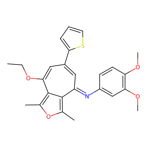N-(3,4-dimethoxyphenyl)-4-ethoxy-1,3-dimethyl-6-thiophen-2-ylcyclohepta[c]furan-8-imine structure