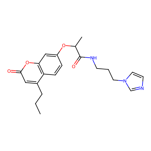 N-(3-imidazol-1-ylpropyl)-2-(2-oxo-4-propylchromen-7-yl)oxypropanamide structure