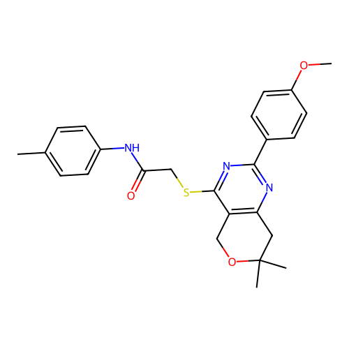 2-((2-(4-methoxyphenyl)-7,7-dimethyl-7,8-dihydro-5H-pyrano[4,3-d]pyrimidin-4-yl)thio)-N-(p-tolyl)acetamide structure