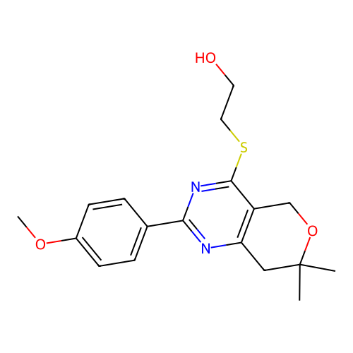2-[[2-(4-methoxyphenyl)-7,7-dimethyl-5,8-dihydropyrano[4,3-d]pyrimidin-4-yl]sulfanyl]ethanol structure