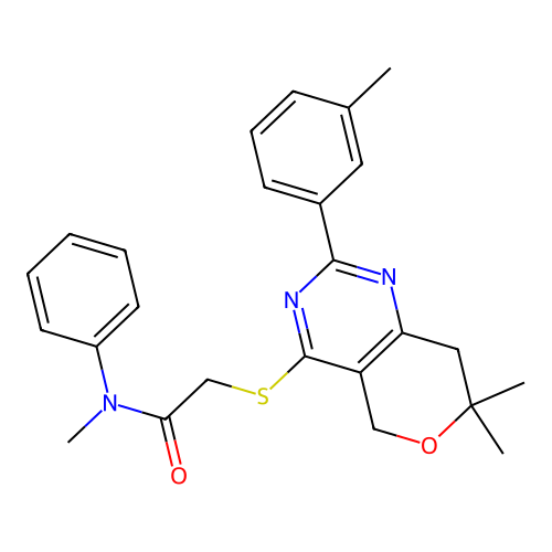 2-((7,7-dimethyl-2-(m-tolyl)-7,8-dihydro-5H-pyrano[4,3-d]pyrimidin-4-yl)thio)-N-methyl-N-phenylacetamide structure