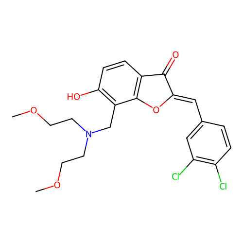 (2Z)-7-{[bis(2-methoxyethyl)amino]methyl}-2-[(3,4-dichlorophenyl)methylidene]-6-hydroxy-2,3-dihydro-1-benzofuran-3-one structure