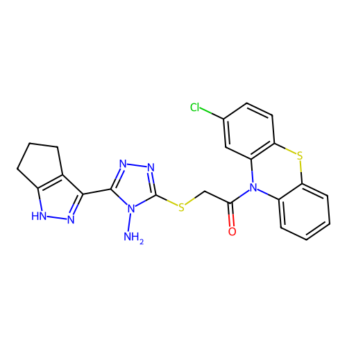 2-((4-amino-5-(1,4,5,6-tetrahydrocyclopenta[c]pyrazol-3-yl)-4H-1,2,4-triazol-3-yl)thio)-1-(2-chloro-10H-phenothiazin-10-yl)ethanone structure