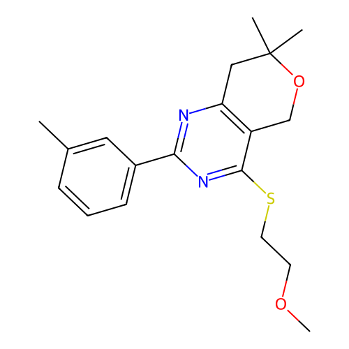 4-(2-methoxyethylsulfanyl)-7,7-dimethyl-2-(3-methylphenyl)-5,8-dihydropyrano[4,3-d]pyrimidine structure