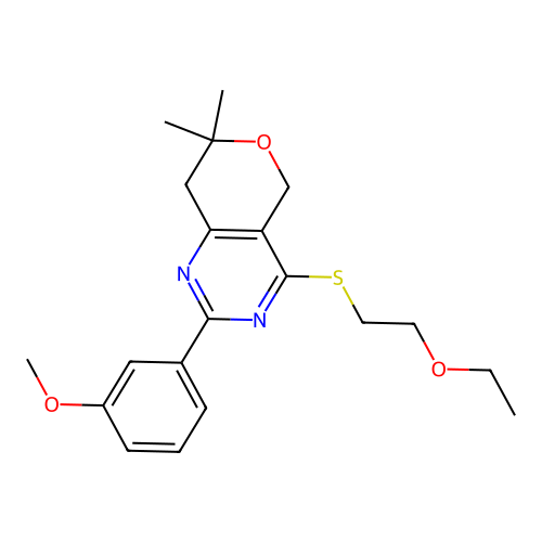 4-((2-ethoxyethyl)thio)-2-(3-methoxyphenyl)-7,7-dimethyl-7,8-dihydro-5H-pyrano[4,3-d]pyrimidine structure