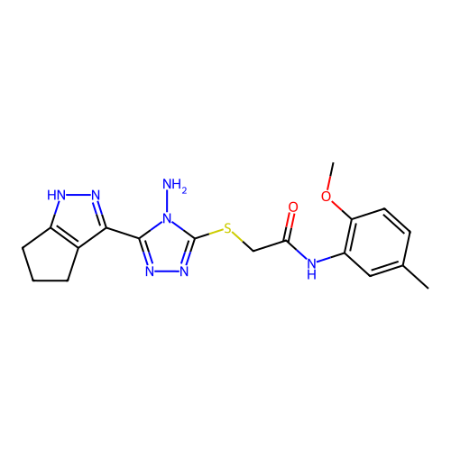 2-((4-amino-5-(1,4,5,6-tetrahydrocyclopenta[c]pyrazol-3-yl)-4H-1,2,4-triazol-3-yl)thio)-N-(2-methoxy-5-methylphenyl)acetamide structure